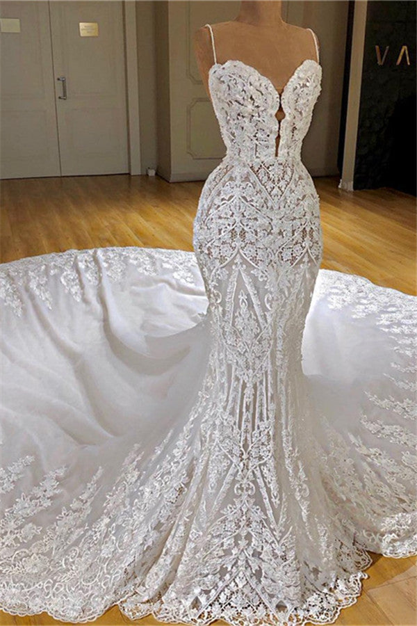 Long Mermaid Spaghetti Straps Appliques Lace Wedding Dress With Cathed –  BIZTUNNEL