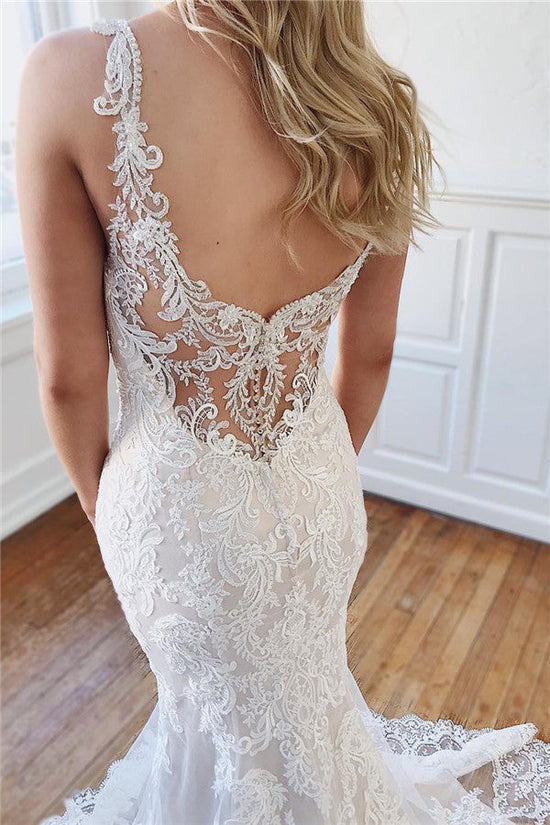 Long Mermaid Sweetheart Lace Appliques Backless Wedding Dresses-BIZTUNNEL