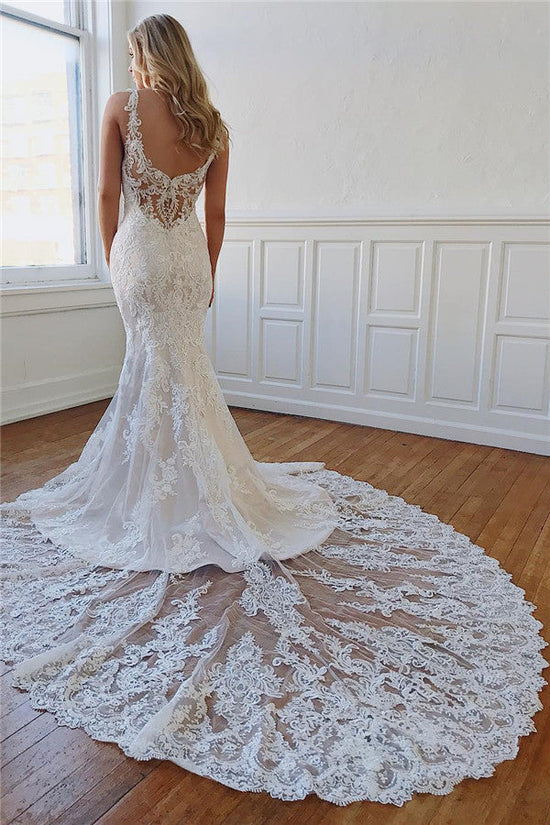 Long Mermaid Sweetheart Lace Appliques Backless Wedding Dresses-BIZTUNNEL