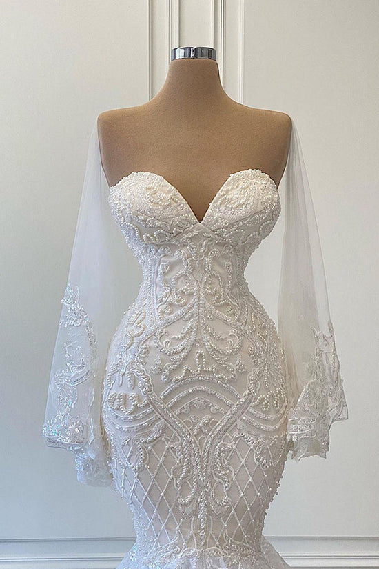 Long Mermaid Sweetheart Strapless Pearls Beadings Lace Wedding Dress with Sleeves-BIZTUNNEL