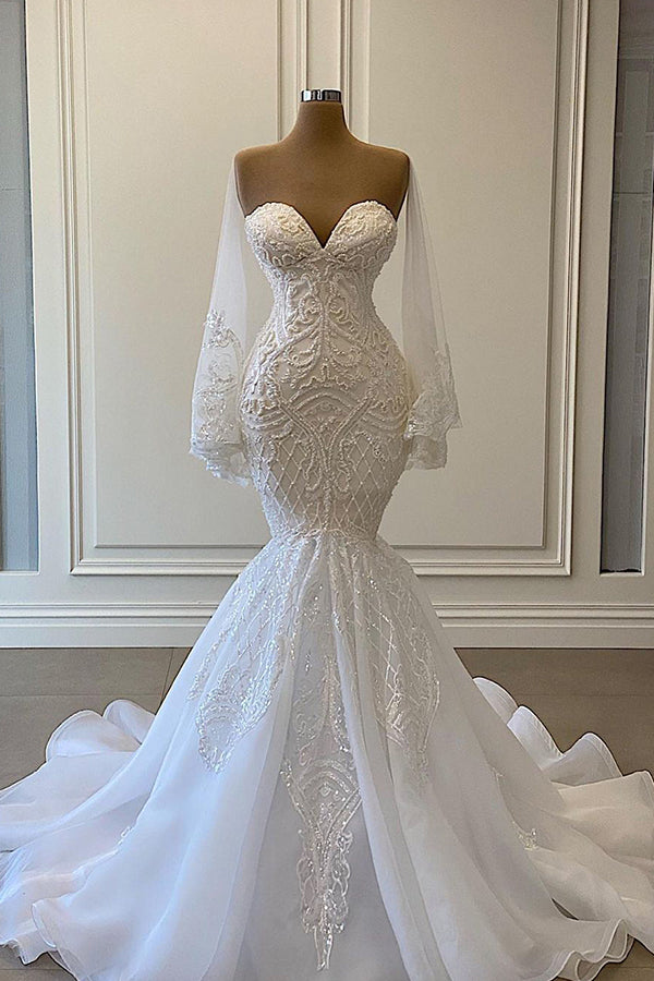 Long Mermaid Sweetheart Strapless Pearls Beadings Lace Wedding Dress with Sleeves-BIZTUNNEL