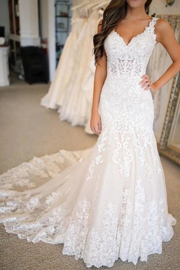 Long Mermaid Sweetheart Wedding Dresses With Appliques Lace-BIZTUNNEL