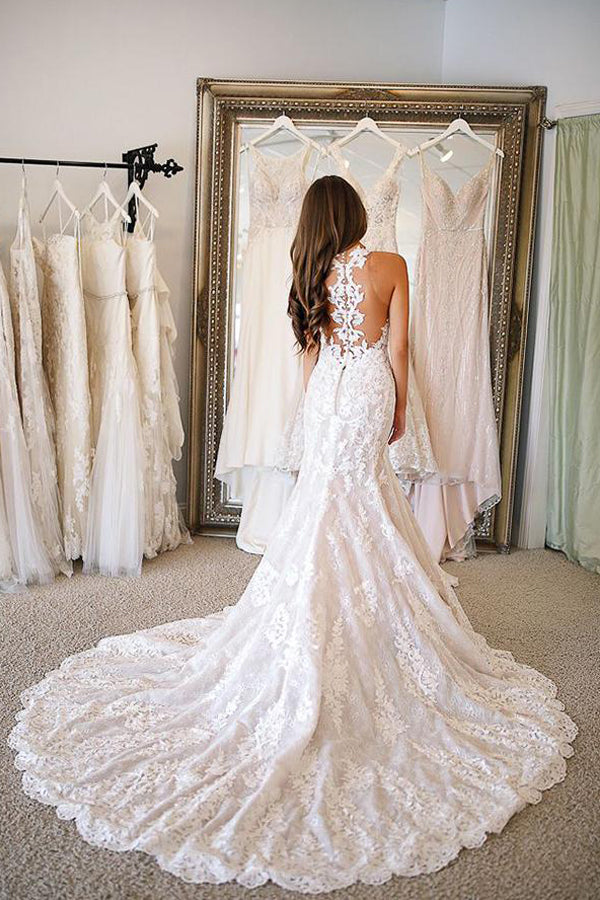 Long Mermaid Sweetheart Wedding Dresses With Appliques Lace-BIZTUNNEL