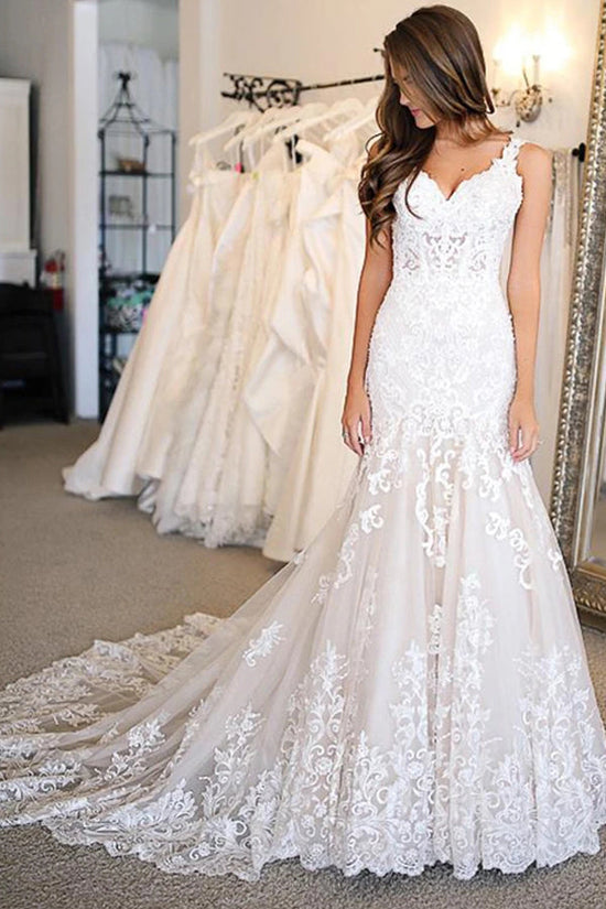 Long Mermaid Sweetheart Wedding Dresses With Appliques Lace-BIZTUNNEL