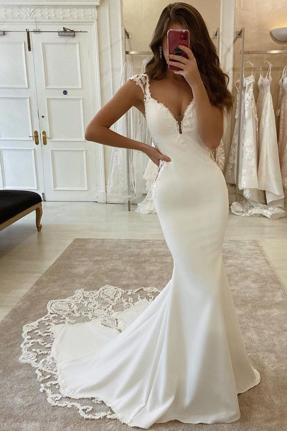 Long Mermaid V-neck Appliques Lace Satin Backless Wedding Dress-BIZTUNNEL