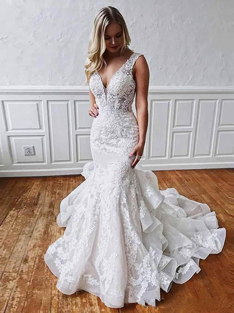 Long Mermaid V Neck Backless Lace Wedding Dresses-BIZTUNNEL