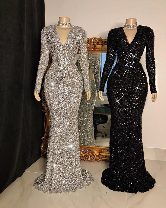 Long Mermaid V-neck Sequins Prom Dresses with Sleeves-BIZTUNNEL