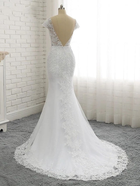 Long Mermaid V Neck Tulle Lace Backless Wedding Dresses with Cap Sleeves-BIZTUNNEL