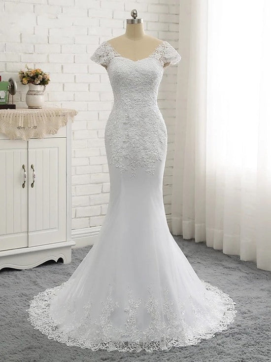 Long Mermaid V Neck Tulle Lace Backless Wedding Dresses with Cap Sleeves-BIZTUNNEL