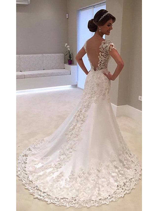 Long Mermaid V Neck Tulle Lace Backless Wedding Dresses with Cap Sleeves-BIZTUNNEL