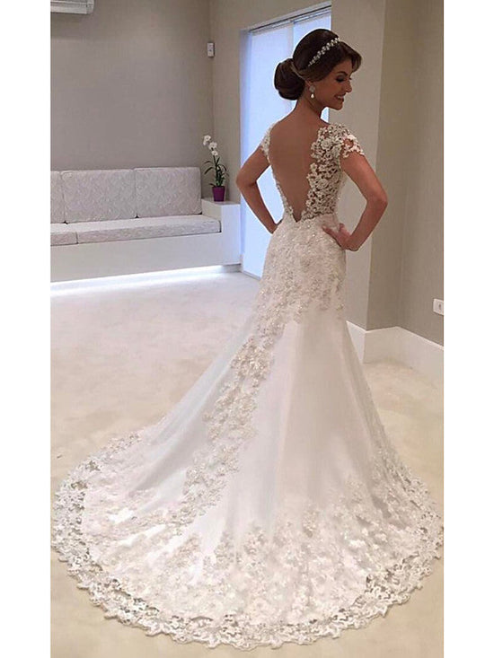 Long Mermaid V Neck Tulle Lace Backless Wedding Dresses with Cap Sleeves-BIZTUNNEL