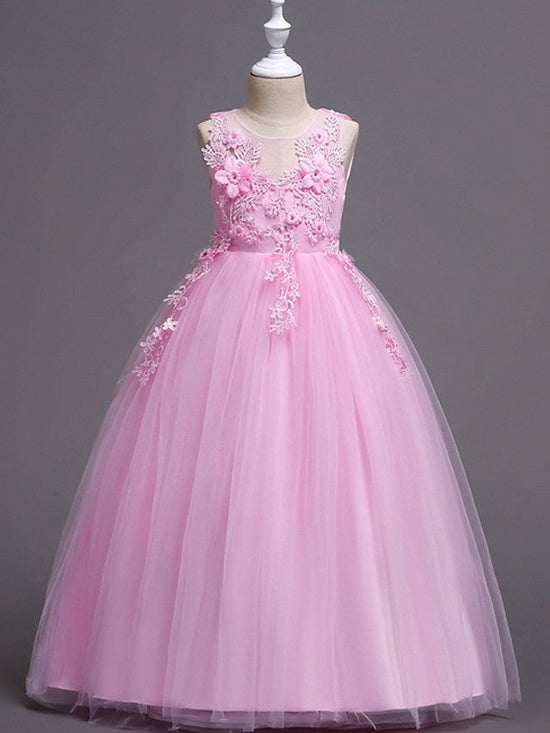 Long Princess Ball Gown Satin Tulle Wedding Party Flower Girl Dresses-BIZTUNNEL