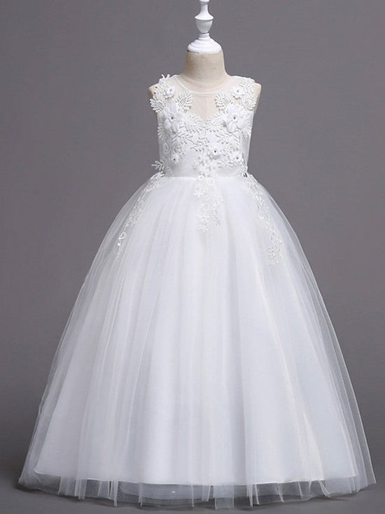 Long Princess Ball Gown Satin Tulle Wedding Party Flower Girl Dresses-BIZTUNNEL