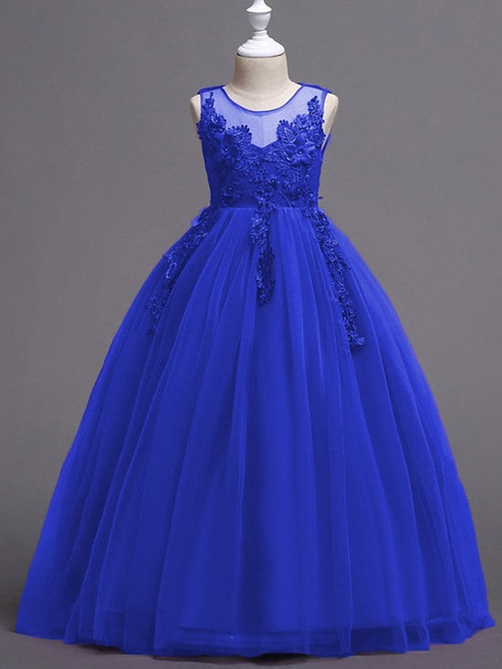 Long Princess Ball Gown Satin Tulle Wedding Party Flower Girl Dresses-BIZTUNNEL