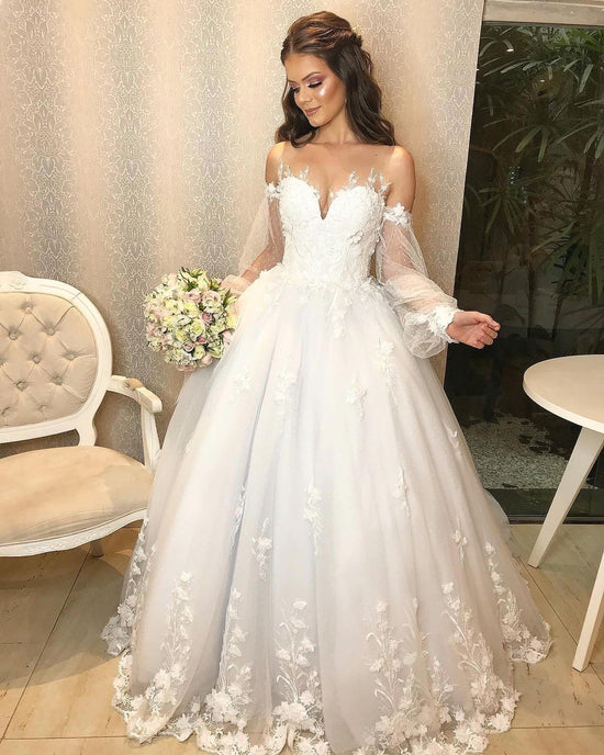 Long Princess Off-the-shoulder Tulle Wedding Dress with Bubble Sleeves-BIZTUNNEL