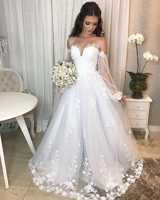 Long Princess Off-the-shoulder Tulle Wedding Dress with Bubble Sleeves-BIZTUNNEL