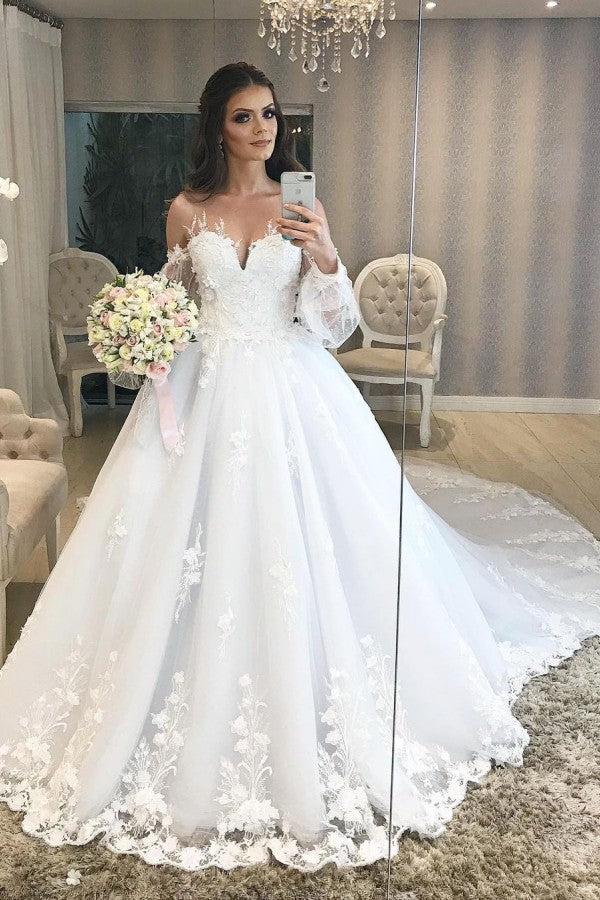 Long Princess Off-the-shoulder Tulle Wedding Dress with Bubble Sleeves-BIZTUNNEL