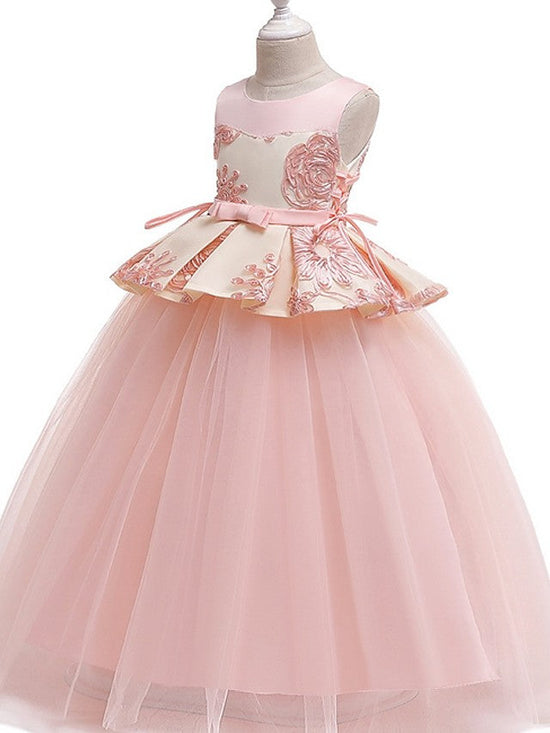 Long Princess Round Cotton Tulle Flower Girl Dresses-BIZTUNNEL