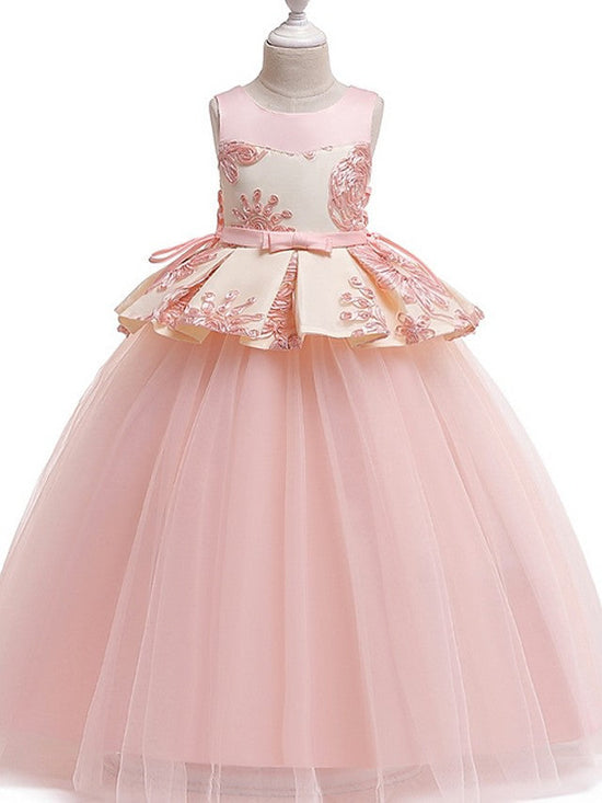 Long Princess Round Cotton Tulle Flower Girl Dresses-BIZTUNNEL