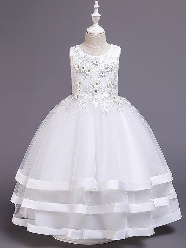 Long Princess Satin Tulle Jewel Neck Wedding Party Pageant Flower Girl Dresses-BIZTUNNEL