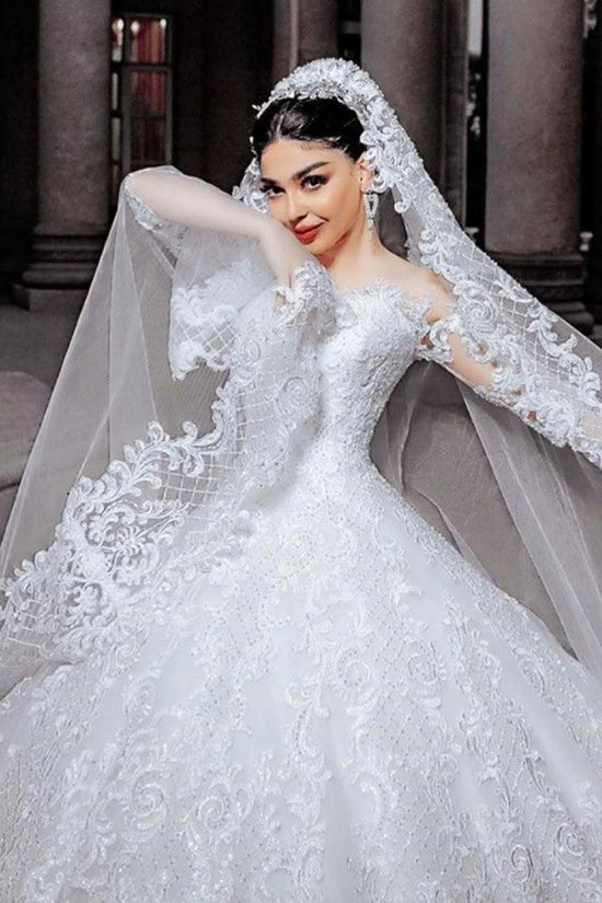 Long Princess Tulle Beads Appliques Lace Wedding Dress with Sleeves-BIZTUNNEL