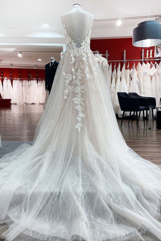 Long Princess Tulle V Neck Sequins Lace Appliques Wedding Dress-BIZTUNNEL