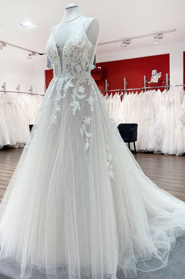 Long Princess Tulle V Neck Sequins Lace Appliques Wedding Dress-BIZTUNNEL