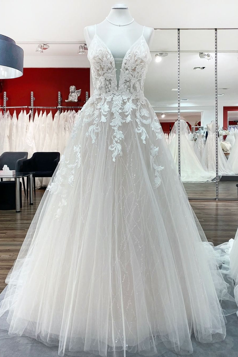 Long Princess Tulle V Neck Sequins Lace Appliques Wedding Dress-BIZTUNNEL