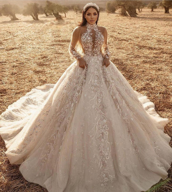 Bride Gown A-Line Appliques Tulle O-Neck Bridal Gowns Full Sleeves