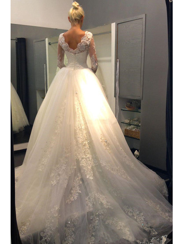 Long Sleeve A-Line Jewel Neck Court Train Lace Tulle Wedding Dresses-BIZTUNNEL