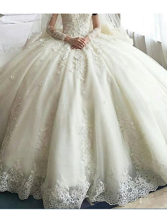 Long Sleeve A-Line Scoop Neck Court Train Organza Wedding Dresses-BIZTUNNEL