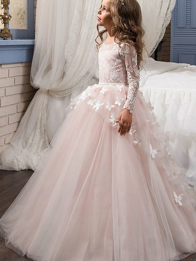 Long Sleeve Ball Gown Lace Jewel Neck First Communion Birthday Flower Girl Dresses-BIZTUNNEL