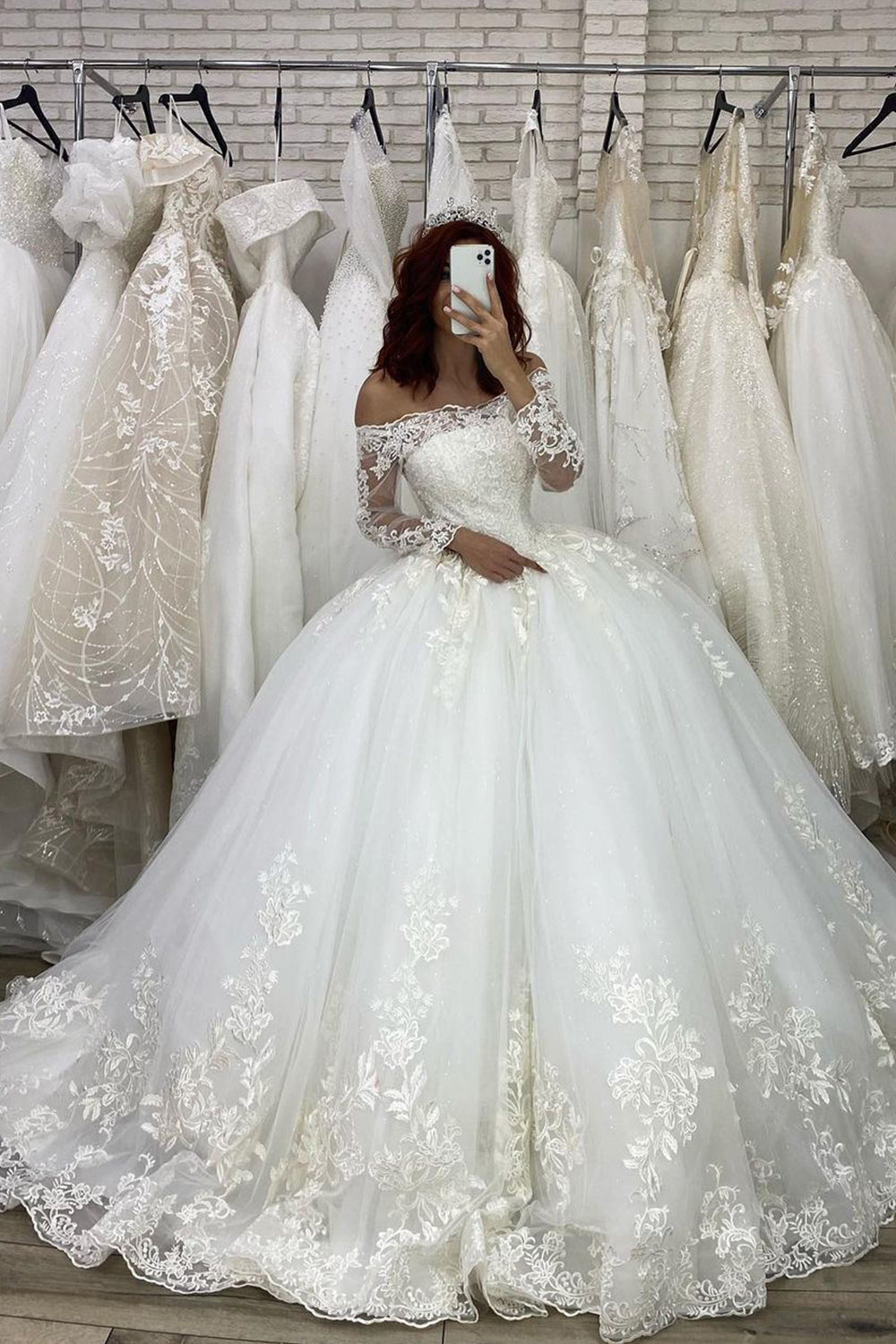 Long Sleeve Ball Gown Off The Shoulder Illusion Wedding Dress-BIZTUNNEL