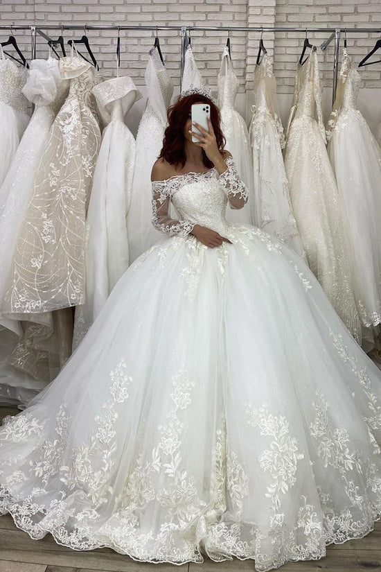 Long Sleeve Ball Gown Off The Shoulder Illusion Wedding Dress – BIZTUNNEL