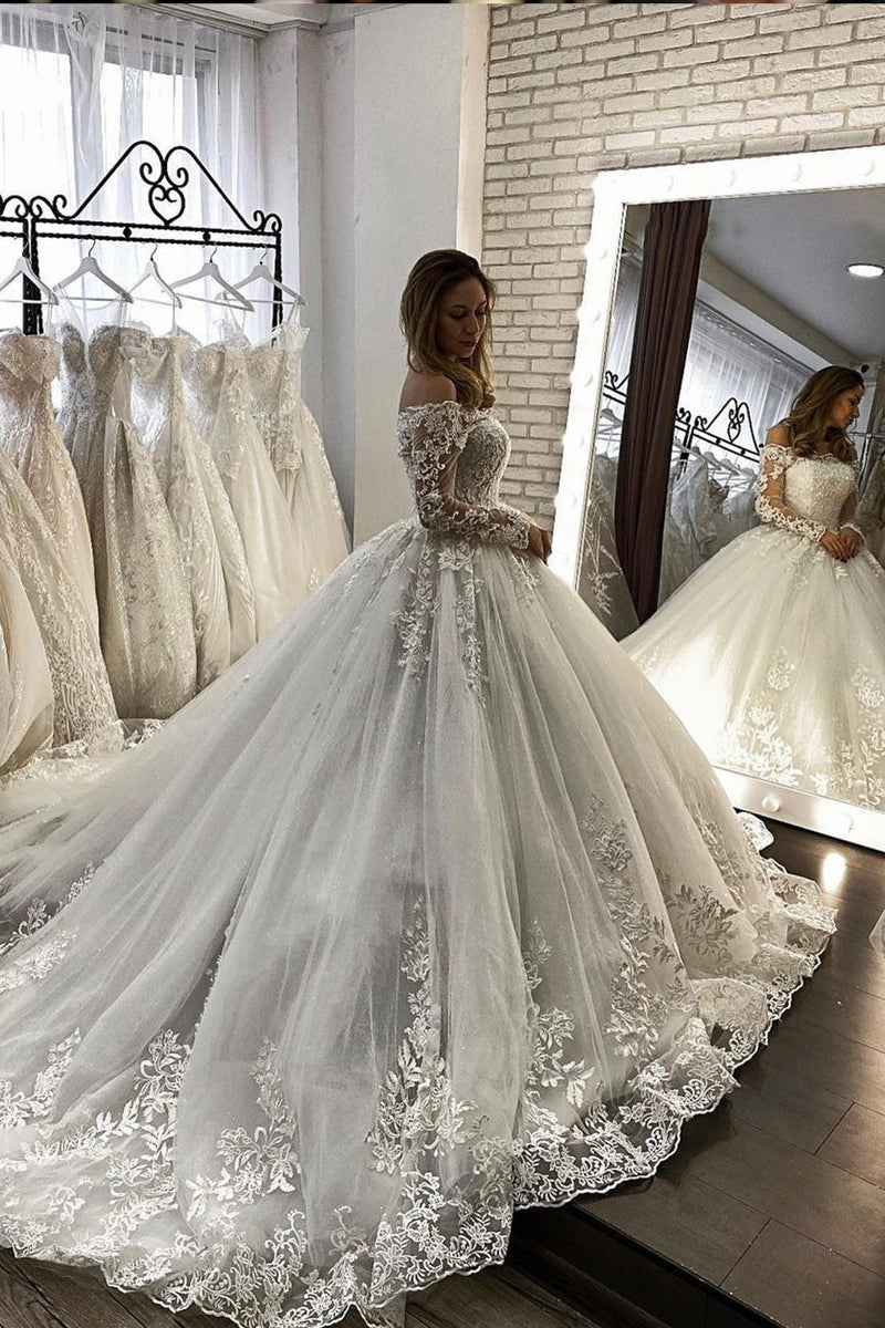 Long Sleeve Ball Gown Off The Shoulder Illusion Wedding Dress – BIZTUNNEL