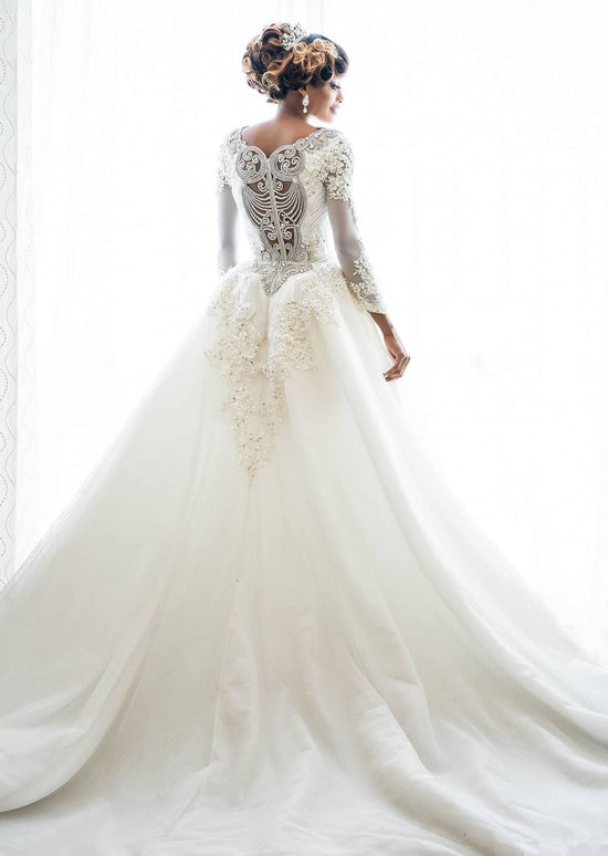 Long Sleeve Mermaid Beads Lace Appliques Wedding Dresses with Overskirt-BIZTUNNEL