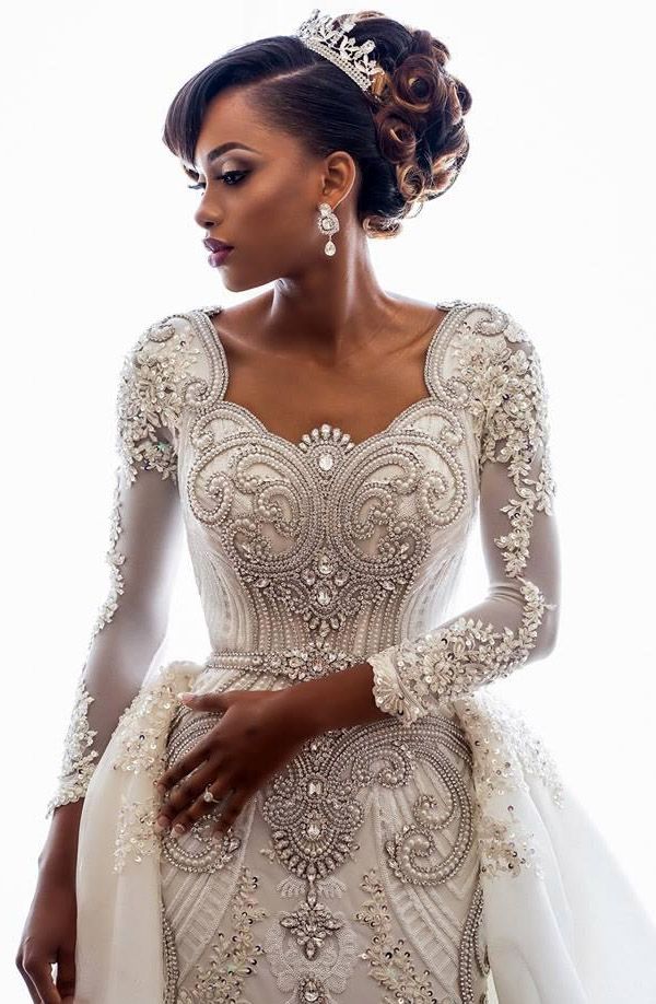 Long Sleeve Mermaid Beads Lace Appliques Wedding Dresses with Overskirt-BIZTUNNEL