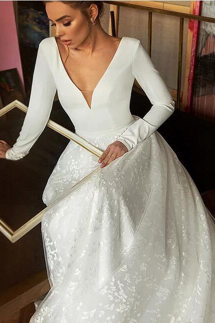 Long Sleeve V-neck Boho Bridal Gowns Satin Backless Lace Wedding Dress-BIZTUNNEL