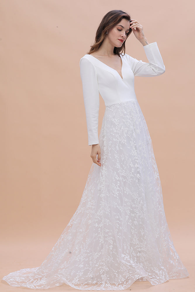 Long Sleeve V-neck Boho Bridal Gowns Satin Backless Lace Wedding Dress-BIZTUNNEL