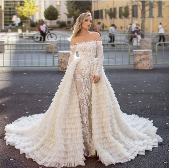 Long Sleeves Off the Shoulder Mermaid Wedding Dress With Train-BIZTUNNEL