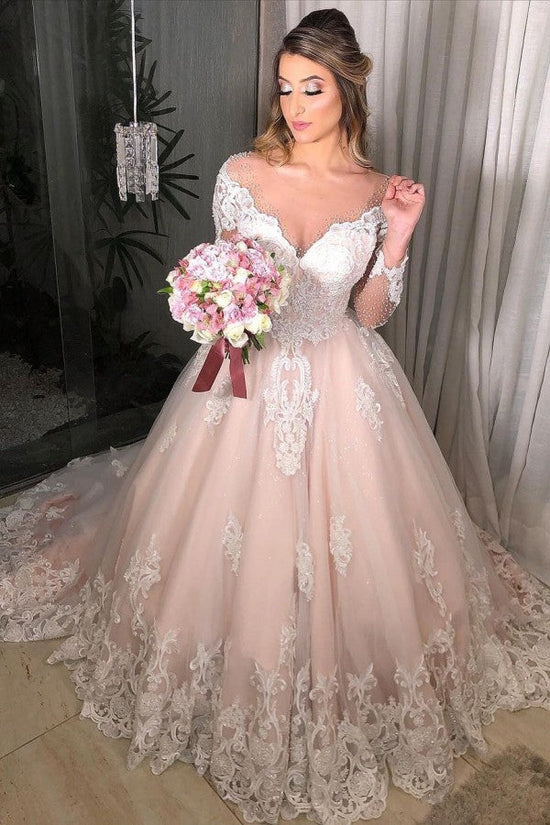 Long Sleeves Princess Off-the-shoulder Tulle Floral Lace Appliques Wedding Dress-BIZTUNNEL