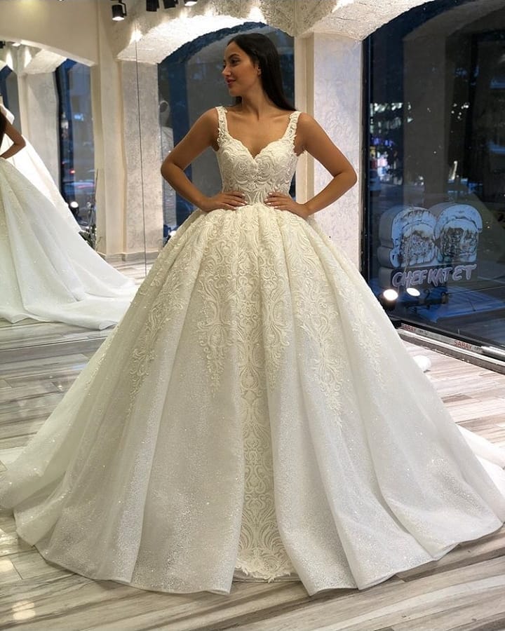 Long Sweetheart Backless Appliques Lace Sequins Ball Gown Wedding Dress-BIZTUNNEL