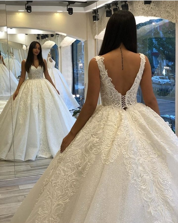 Long Sweetheart Backless Appliques Lace Sequins Ball Gown Wedding Dress-BIZTUNNEL