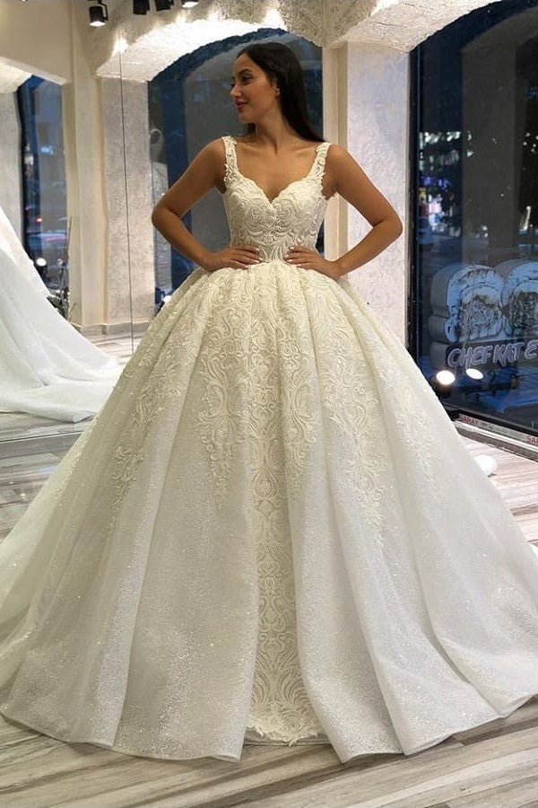 Long Sweetheart Backless Appliques Lace Sequins Ball Gown Wedding Dress-BIZTUNNEL