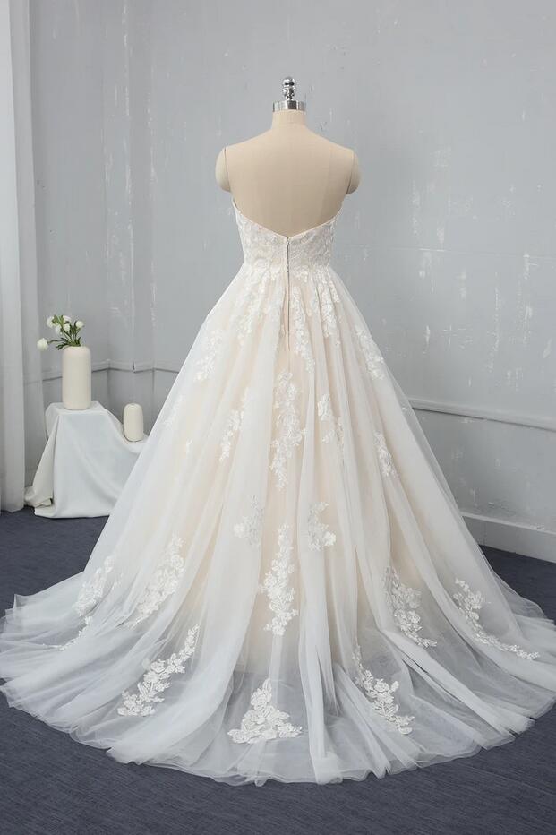 Long Sweetheart Backless Appliques Lace Tulle A-Line Wedding Dress-BIZTUNNEL