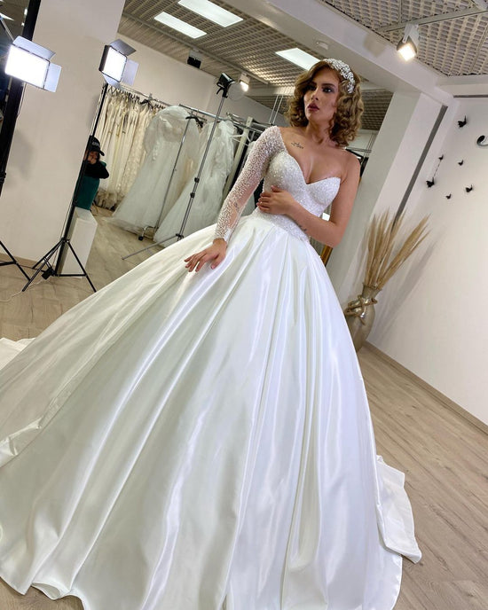 Long Sweetheart Satin Ruffles Ball Gown Wedding Dress with Sleeves-BIZTUNNEL