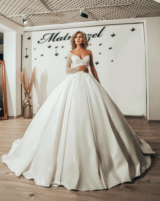 Long Sweetheart Satin Ruffles Ball Gown Wedding Dress with Sleeves-BIZTUNNEL