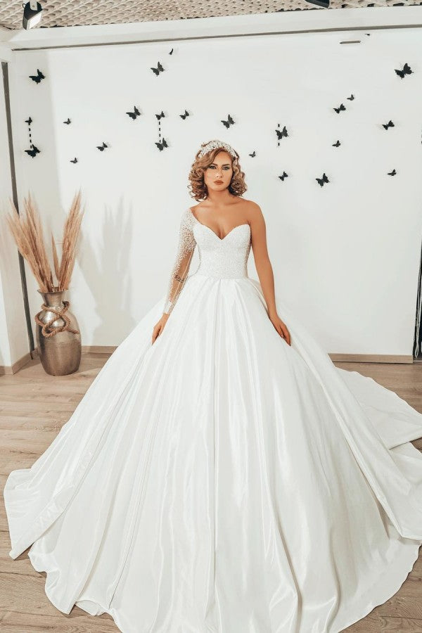 Long Sweetheart Satin Ruffles Ball Gown Wedding Dress with Sleeves-BIZTUNNEL