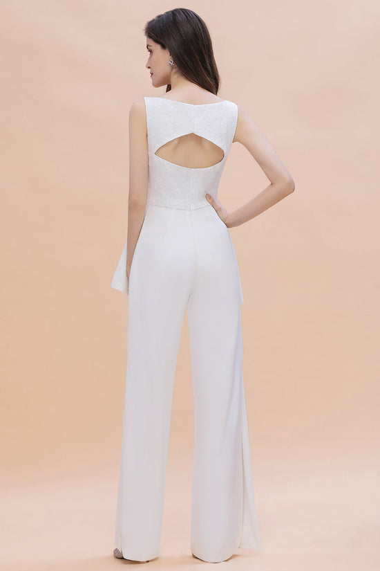 Long White V-neck Chifffon Bridesmaid Dress Jumpsuit With Sash-BIZTUNNEL