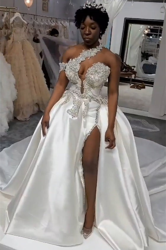 Thin Strap Satin Mermaid Wedding Dress with Lace Train - Promfy